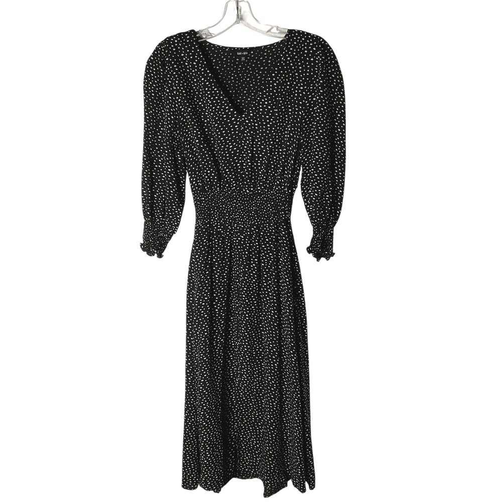 Saint + Sofia Midi Dress Smocked‎ Shirred Waist Black White Polka Dot Size 2